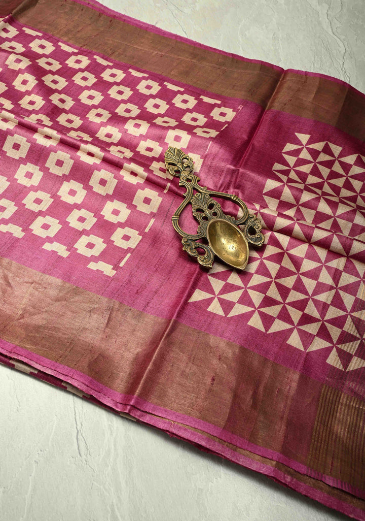 Deep Prussian Blue Pure Handloom Jari Tussar Silk Saree with Block Print Panel and Zari Border | SILK MARK CERTIFIED (Copy)