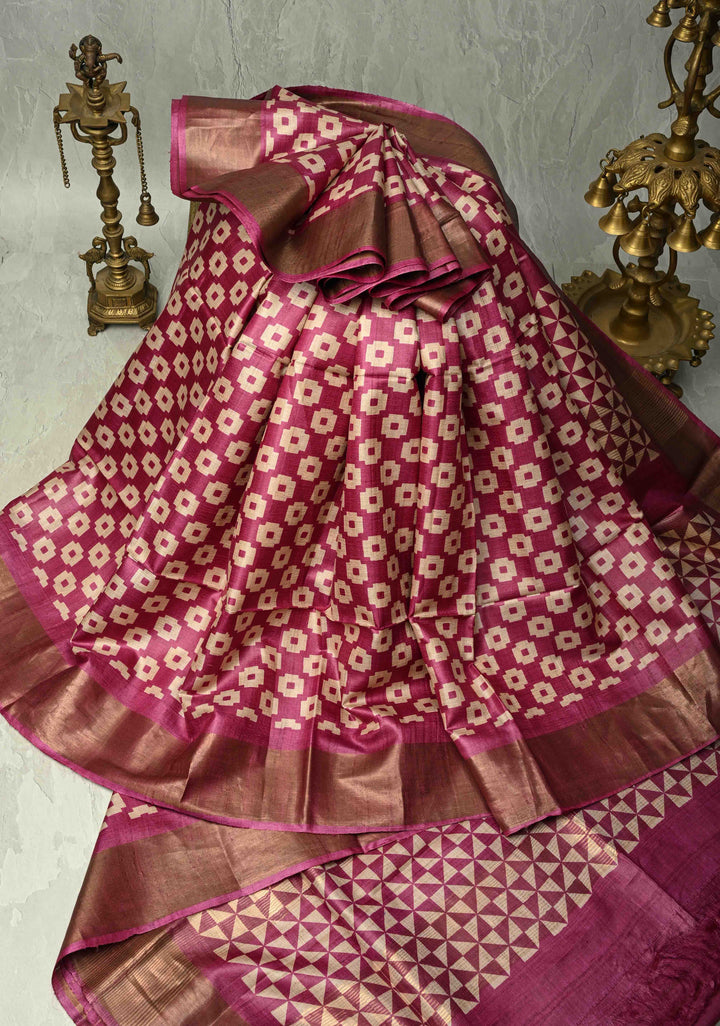 Deep Prussian Blue Pure Handloom Jari Tussar Silk Saree with Block Print Panel and Zari Border | SILK MARK CERTIFIED (Copy)