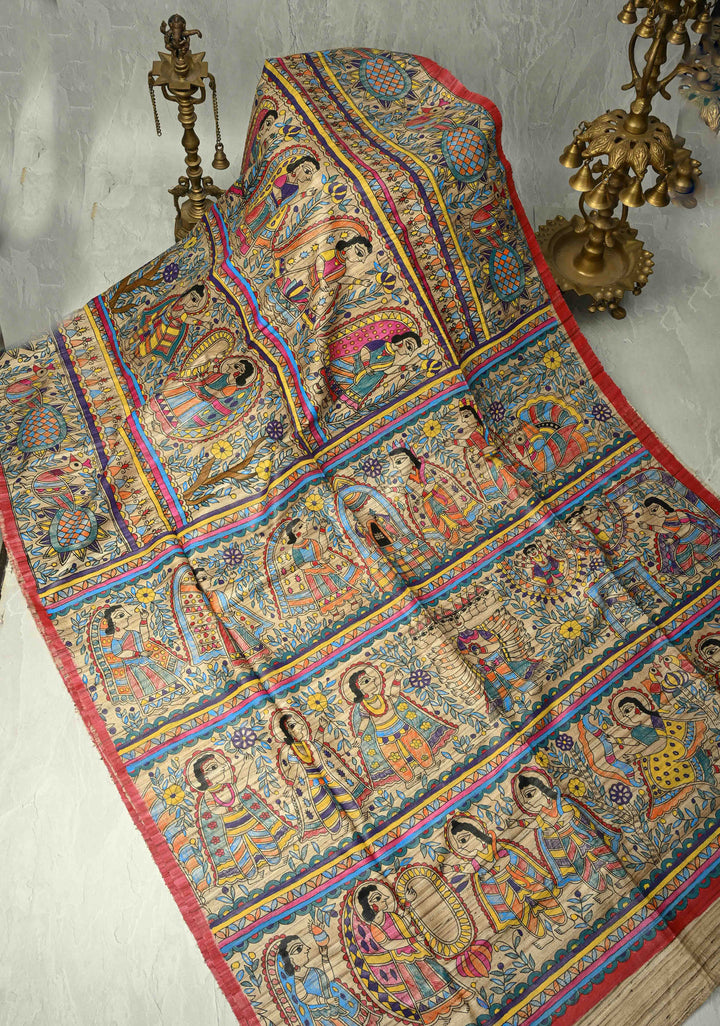 Kora Color Pure Handloom Tussar Silk Saree with Full Body Madhubani Hand-Painted   | SILK MARK CERTIFIED