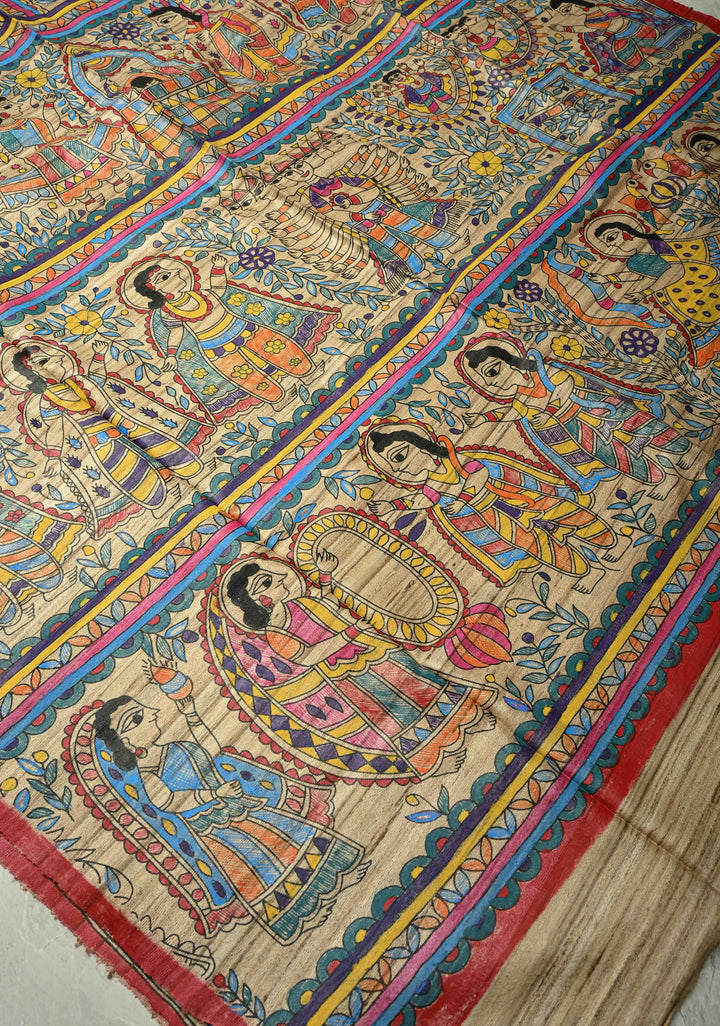 Kora Color Pure Handloom Tussar Silk Saree with Full Body Madhubani Hand-Painted   | SILK MARK CERTIFIED