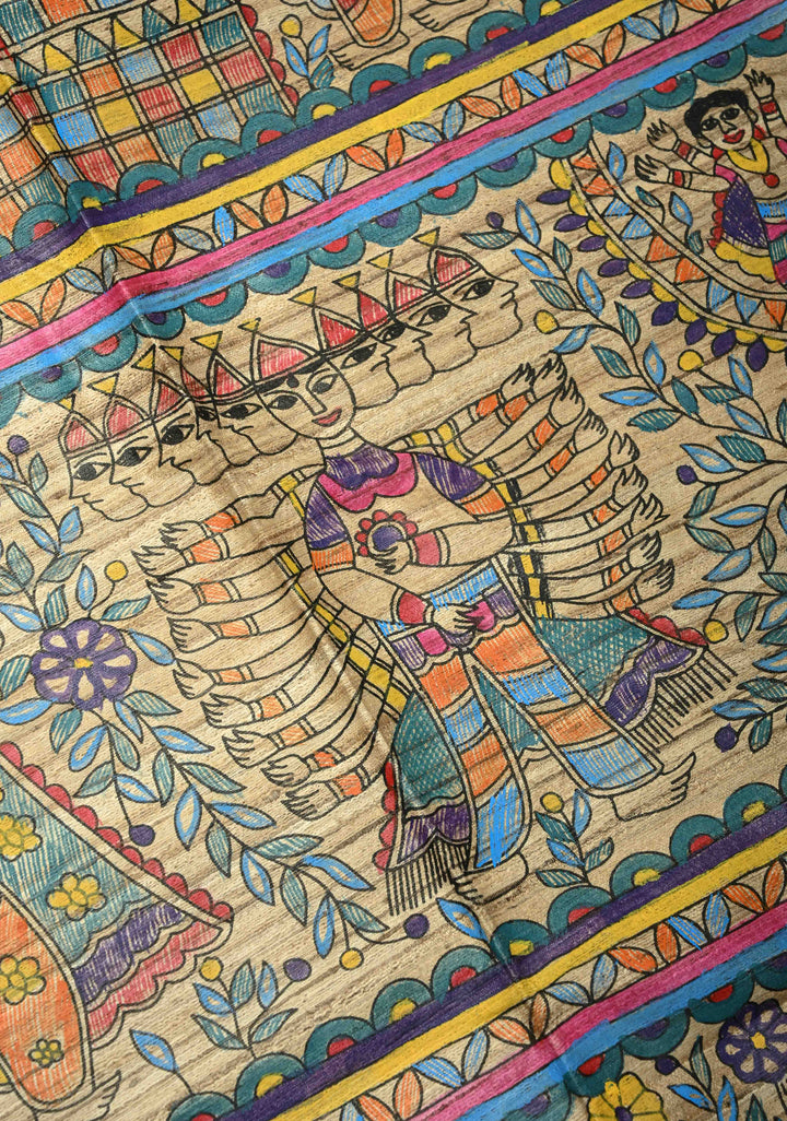 Kora Color Pure Handloom Tussar Silk Saree with Full Body Madhubani Hand-Painted   | SILK MARK CERTIFIED