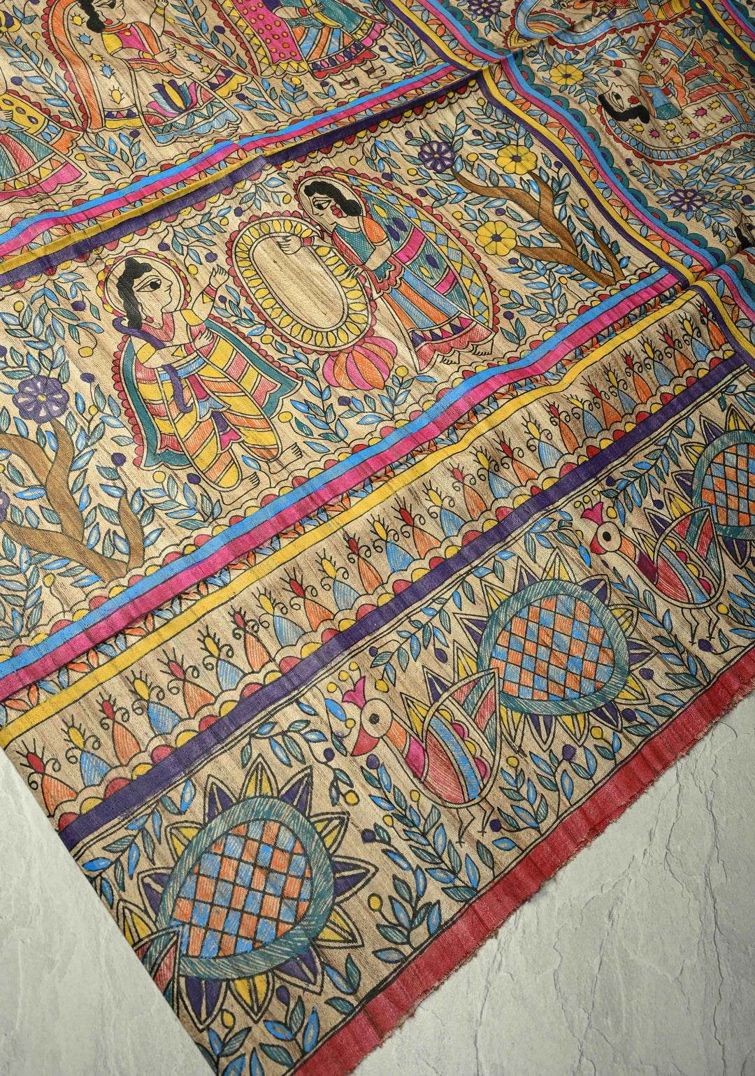 Kora Color Pure Handloom Tussar Silk Saree with Full Body Madhubani Hand-Painted   | SILK MARK CERTIFIED