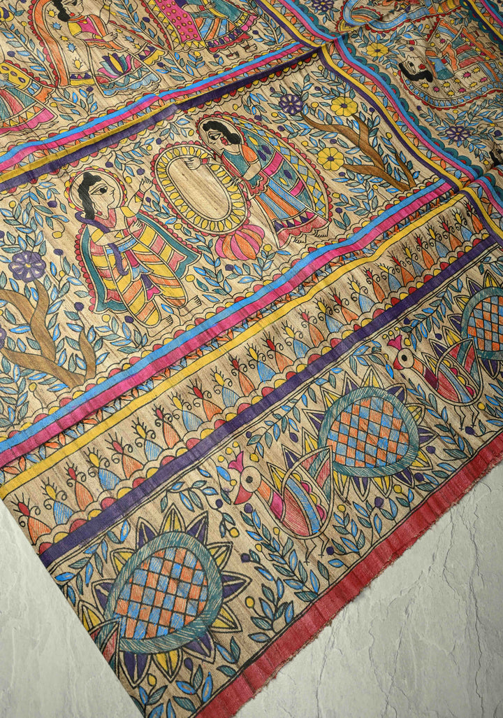 Kora Color Pure Handloom Tussar Silk Saree with Full Body Madhubani Hand-Painted   | SILK MARK CERTIFIED