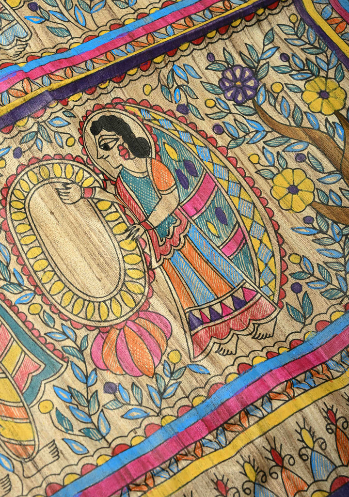 Kora Color Pure Handloom Tussar Silk Saree with Full Body Madhubani Hand-Painted   | SILK MARK CERTIFIED