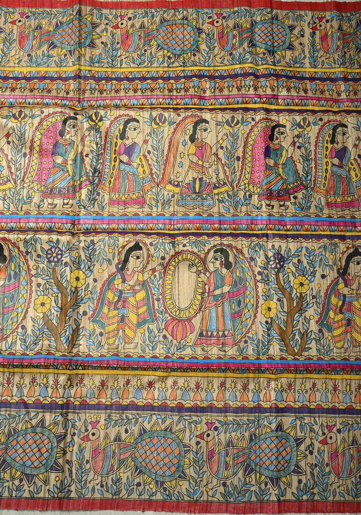 Kora Color Pure Handloom Tussar Silk Saree with Full Body Madhubani Hand-Painted   | SILK MARK CERTIFIED