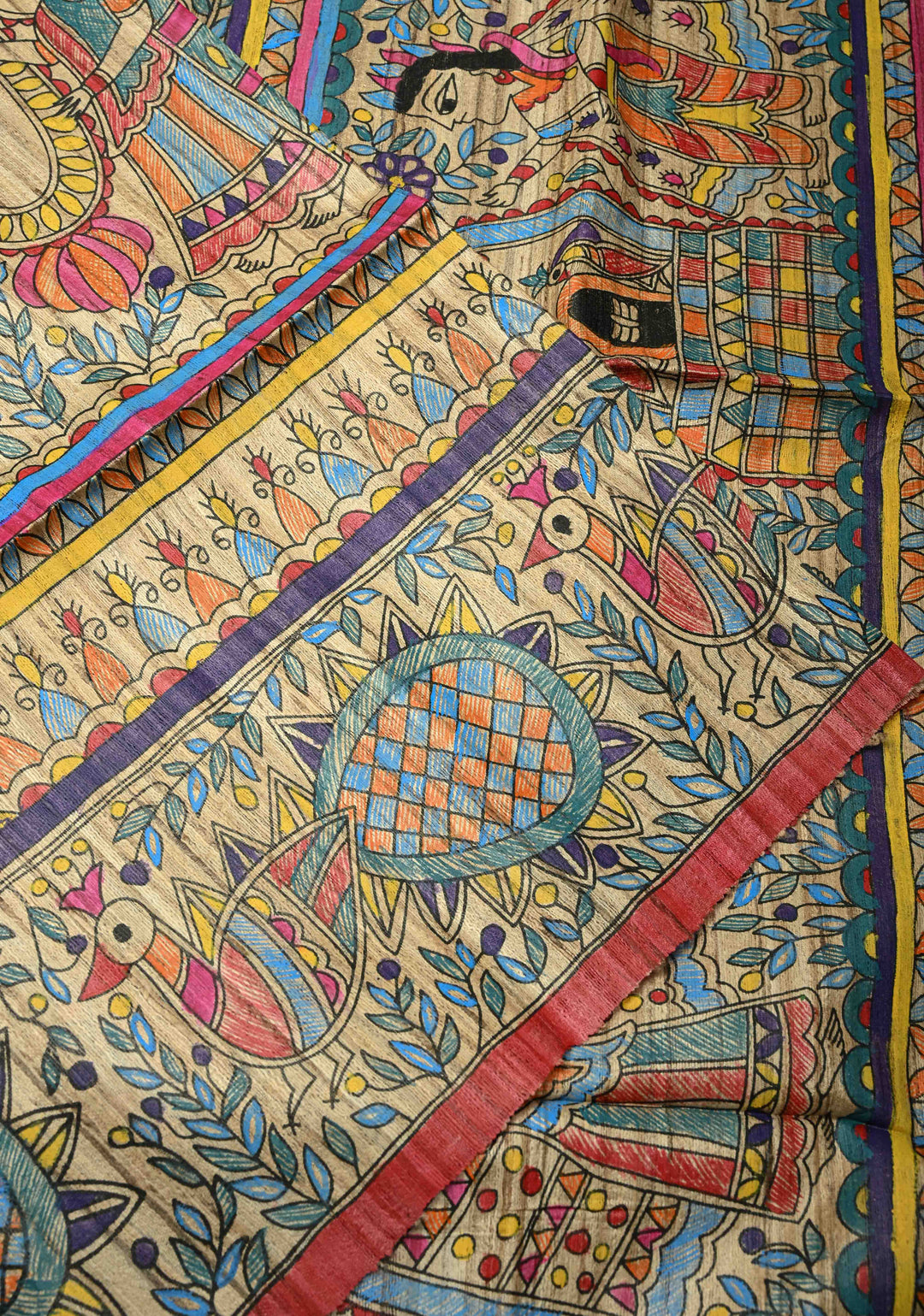 Kora Color Pure Handloom Tussar Silk Saree with Full Body Madhubani Hand-Painted   | SILK MARK CERTIFIED