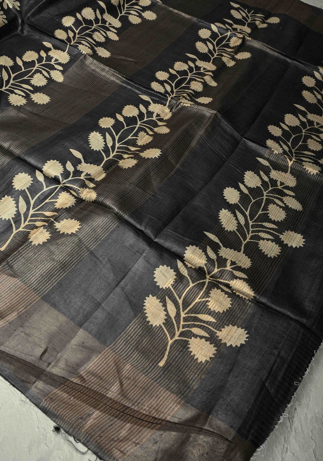 Black Authentic Hand Block Print on Tussar Silk Saree | SILK MARK CERTIFIED