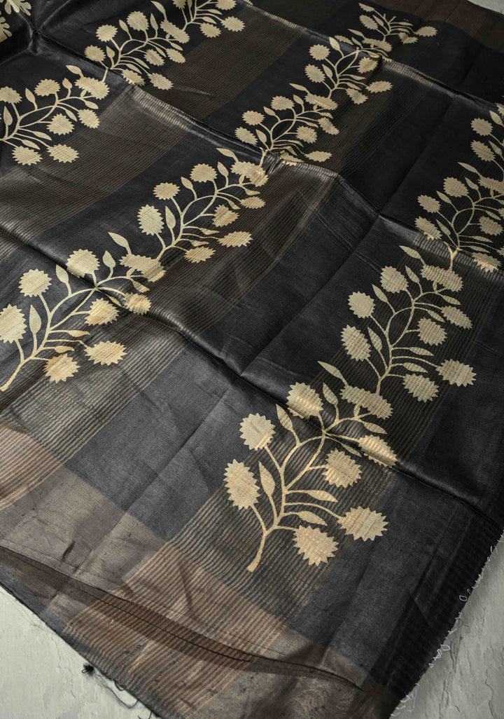Black Authentic Hand Block Print on Tussar Silk Saree | SILK MARK CERTIFIED