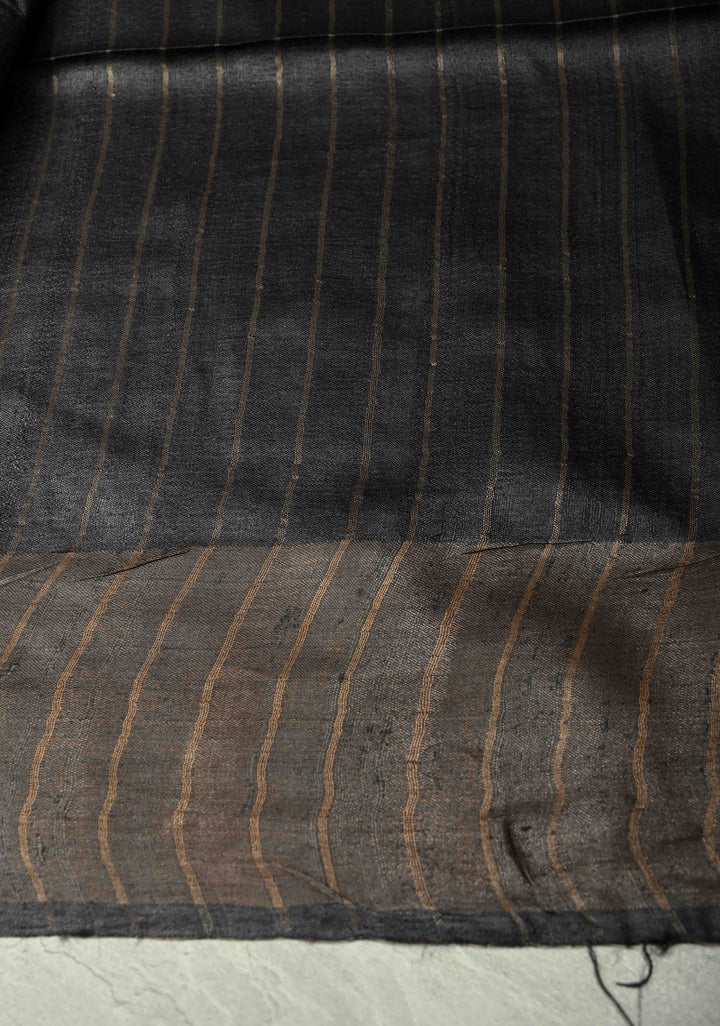 Black Authentic Hand Block Print on Tussar Silk Saree | SILK MARK CERTIFIED