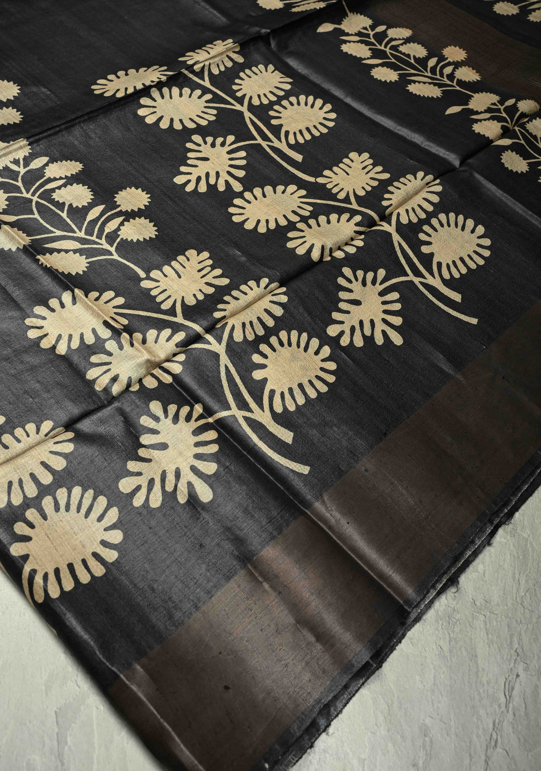 Black Authentic Hand Block Print on Tussar Silk Saree | SILK MARK CERTIFIED