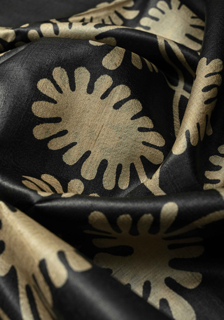 Black Authentic Hand Block Print on Tussar Silk Saree | SILK MARK CERTIFIED