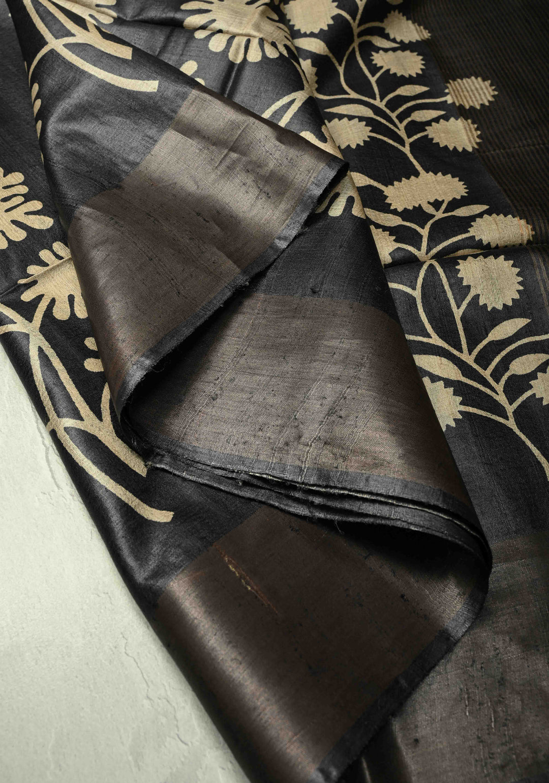 Black Authentic Hand Block Print on Tussar Silk Saree | SILK MARK CERTIFIED