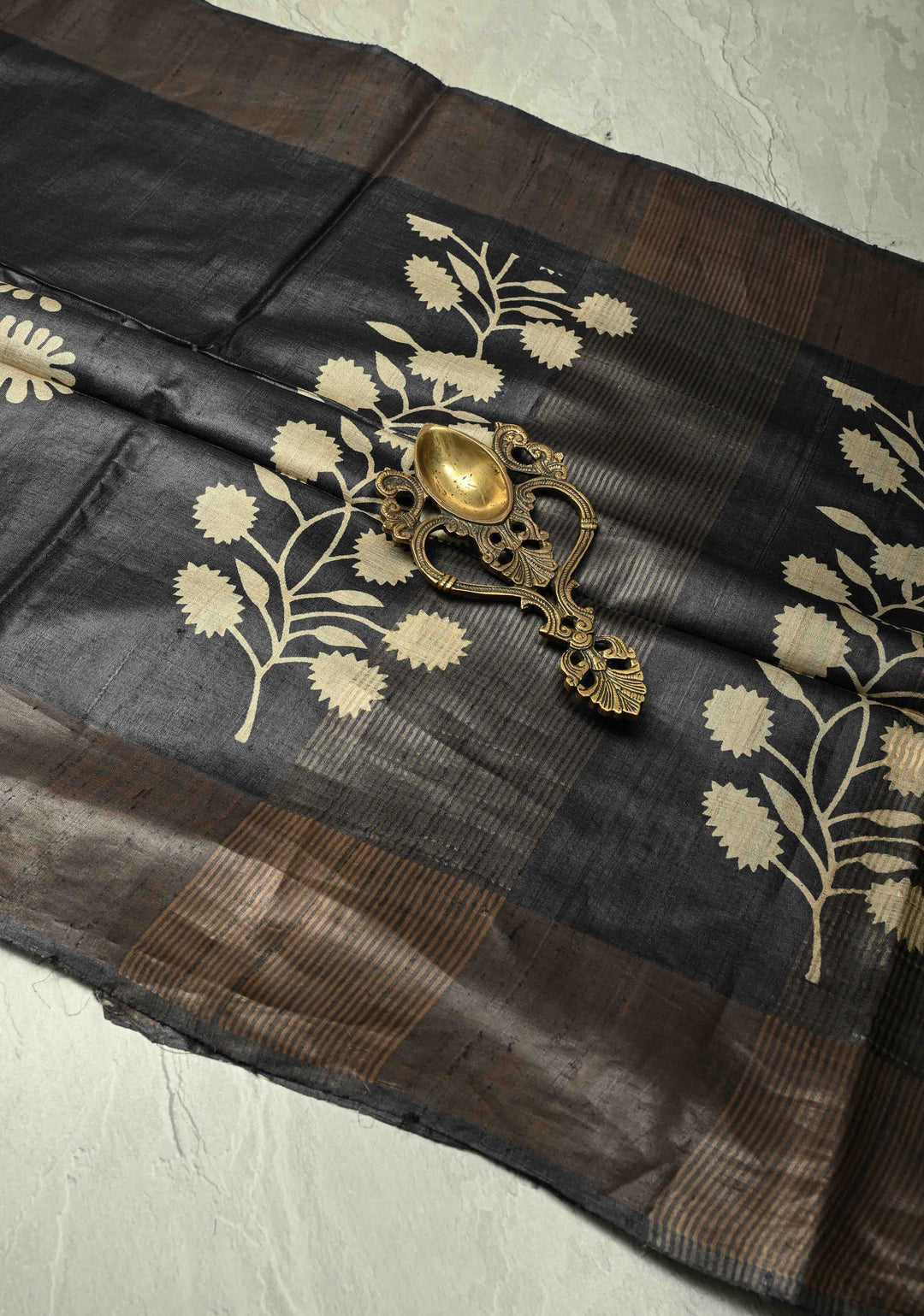 Black Authentic Hand Block Print on Tussar Silk Saree | SILK MARK CERTIFIED