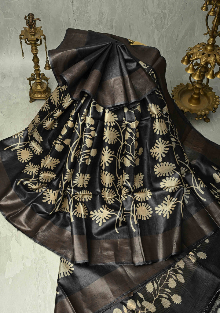 Black Authentic Hand Block Print on Tussar Silk Saree | SILK MARK CERTIFIED