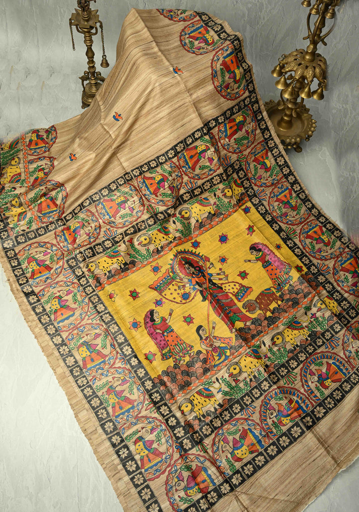 Natural Color Handloom Tussar Hand Painted Madhubani Silk Saree with Maa Durga Motifs On Pallu| SILK MARK CERTIFIED