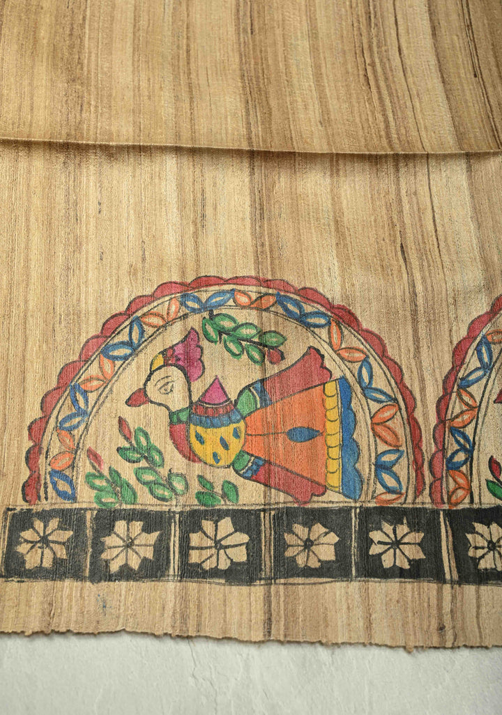 Natural Color Handloom Tussar Hand Painted Madhubani Silk Saree with Maa Durga Motifs On Pallu| SILK MARK CERTIFIED