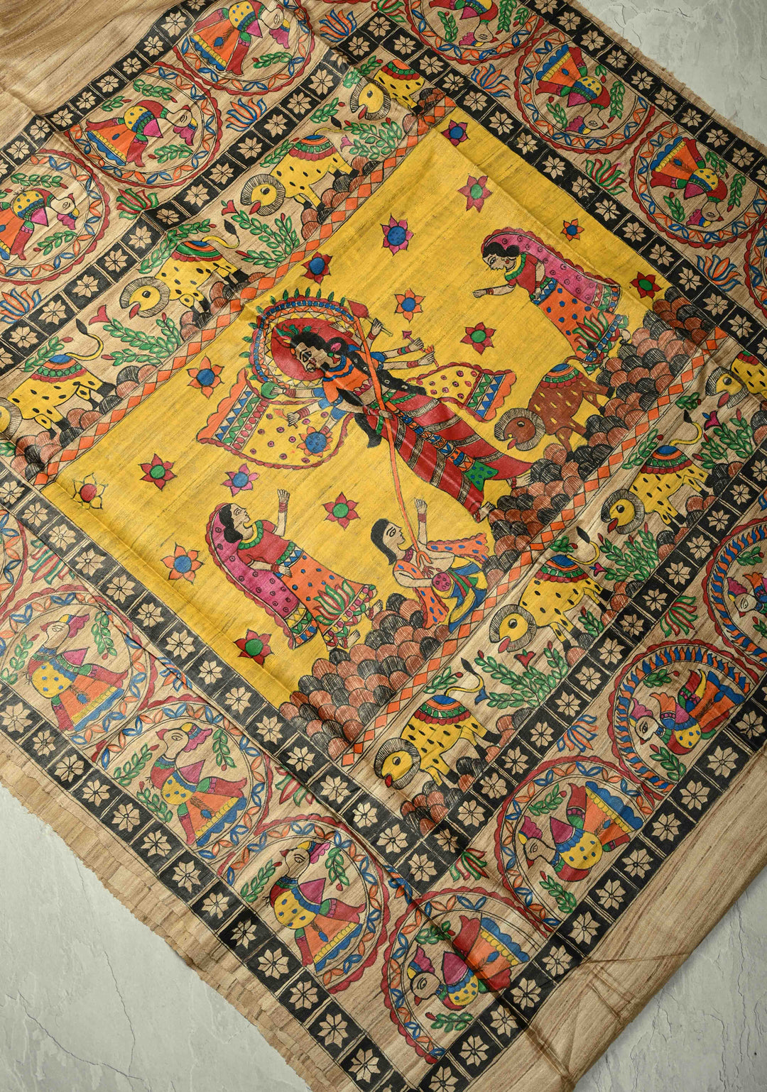 Natural Color Handloom Tussar Hand Painted Madhubani Silk Saree with Maa Durga Motifs On Pallu| SILK MARK CERTIFIED