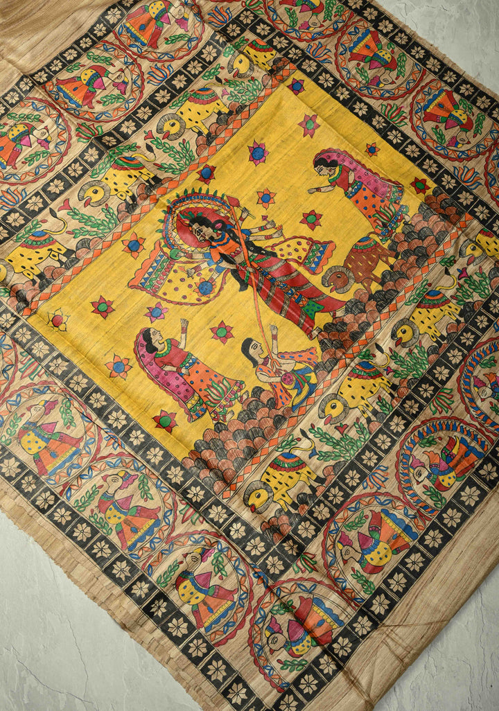 Natural Color Handloom Tussar Hand Painted Madhubani Silk Saree with Maa Durga Motifs On Pallu| SILK MARK CERTIFIED