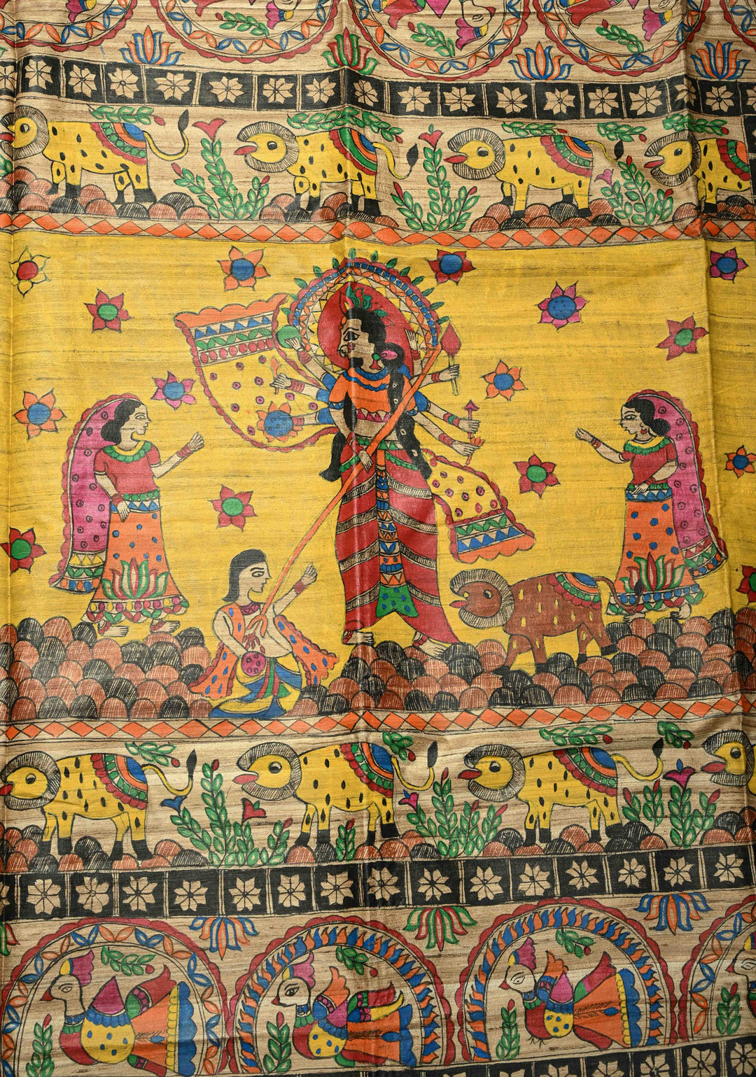 Natural Color Handloom Tussar Hand Painted Madhubani Silk Saree with Maa Durga Motifs On Pallu| SILK MARK CERTIFIED