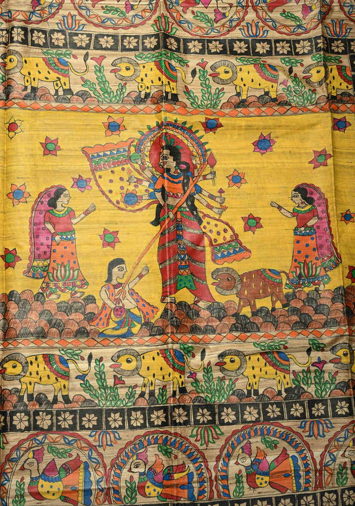 Natural Color Handloom Tussar Hand Painted Madhubani Silk Saree with Maa Durga Motifs On Pallu| SILK MARK CERTIFIED