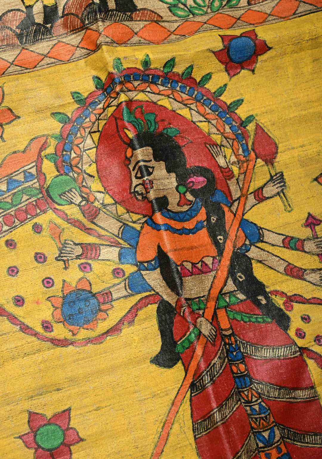 Natural Color Handloom Tussar Hand Painted Madhubani Silk Saree with Maa Durga Motifs On Pallu| SILK MARK CERTIFIED