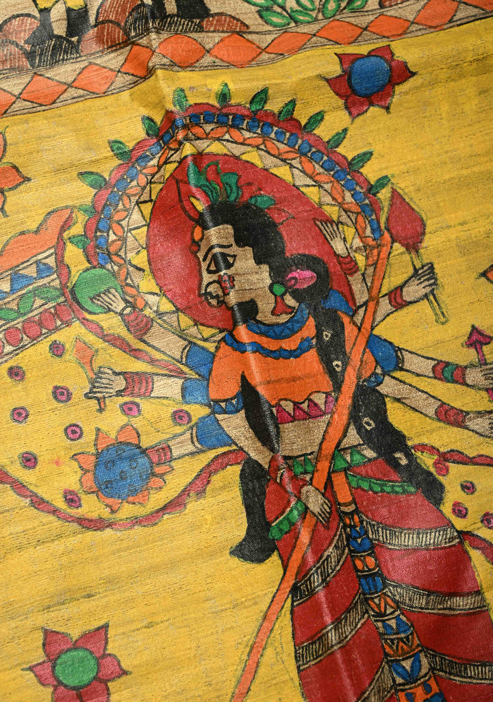 Natural Color Handloom Tussar Hand Painted Madhubani Silk Saree with Maa Durga Motifs On Pallu| SILK MARK CERTIFIED