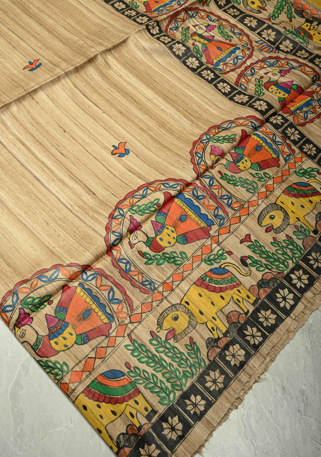 Natural Color Handloom Tussar Hand Painted Madhubani Silk Saree with Maa Durga Motifs On Pallu| SILK MARK CERTIFIED