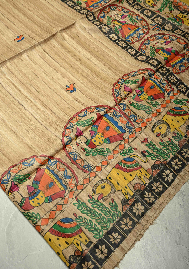 Natural Color Handloom Tussar Hand Painted Madhubani Silk Saree with Maa Durga Motifs On Pallu| SILK MARK CERTIFIED