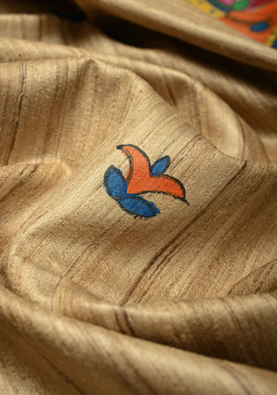 Natural Color Handloom Tussar Hand Painted Madhubani Silk Saree with Maa Durga Motifs On Pallu| SILK MARK CERTIFIED