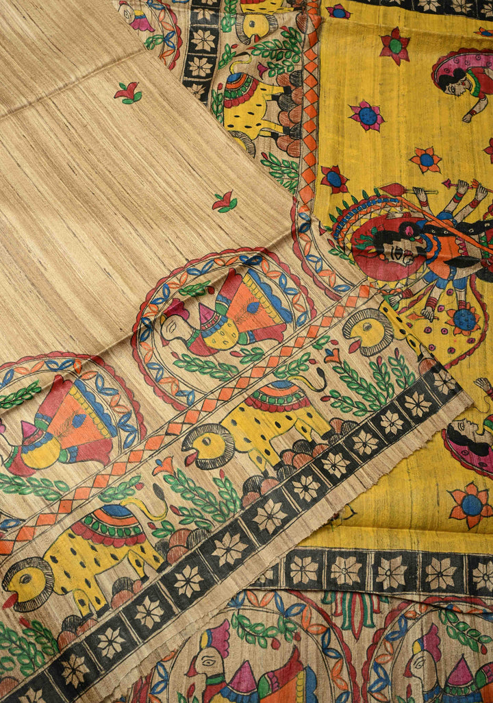 Natural Color Handloom Tussar Hand Painted Madhubani Silk Saree with Maa Durga Motifs On Pallu| SILK MARK CERTIFIED