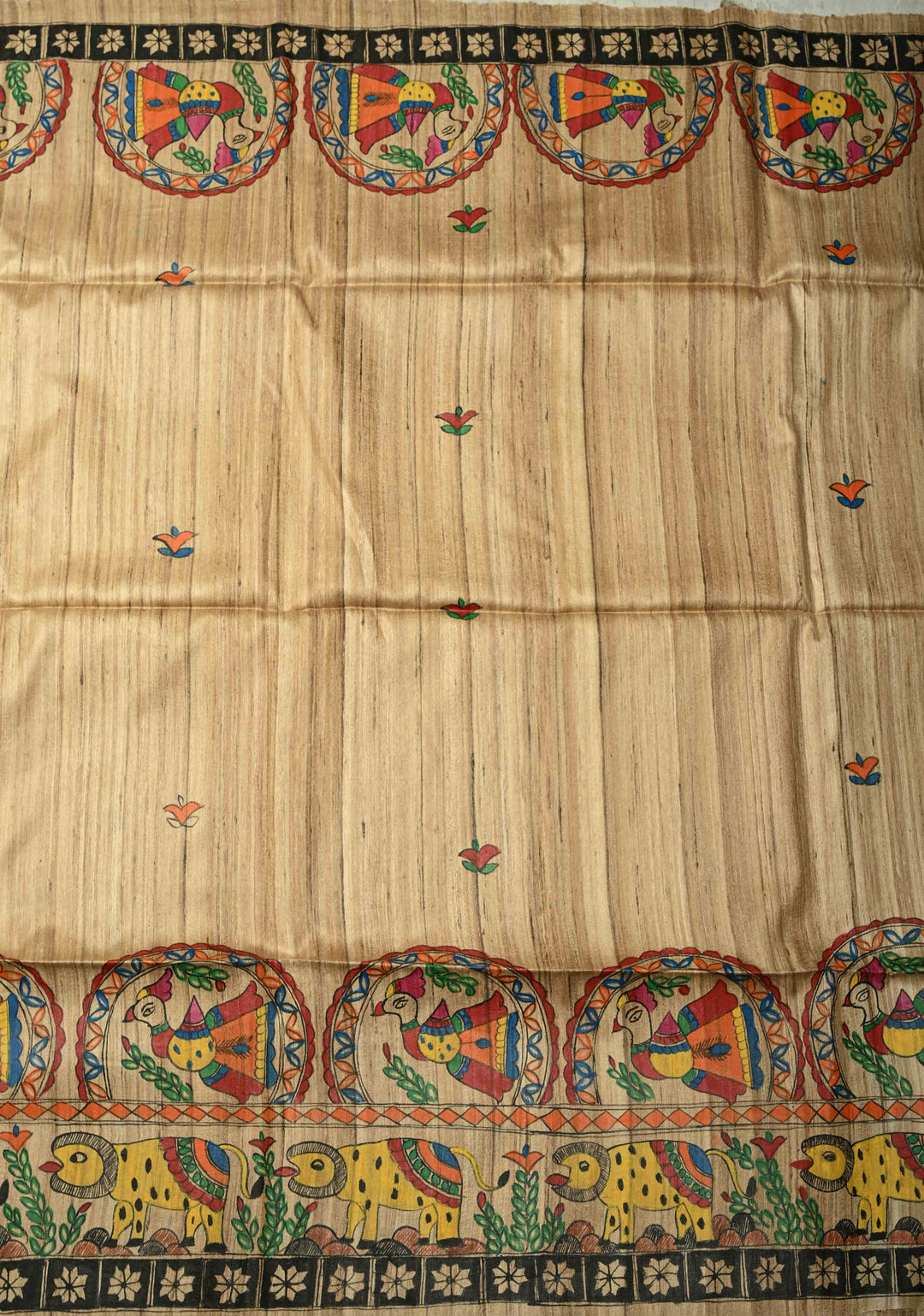 Natural Color Handloom Tussar Hand Painted Madhubani Silk Saree with Maa Durga Motifs On Pallu| SILK MARK CERTIFIED