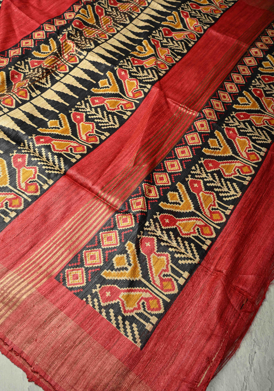 Beige Pure Tribal Tussar Silk Saree with Ikkat Print And Muted Zari Border | SILK MARK CERTIFIED