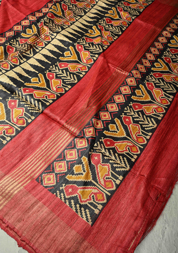 Beige Pure Tribal Tussar Silk Saree with Ikkat Print And Muted Zari Border | SILK MARK CERTIFIED