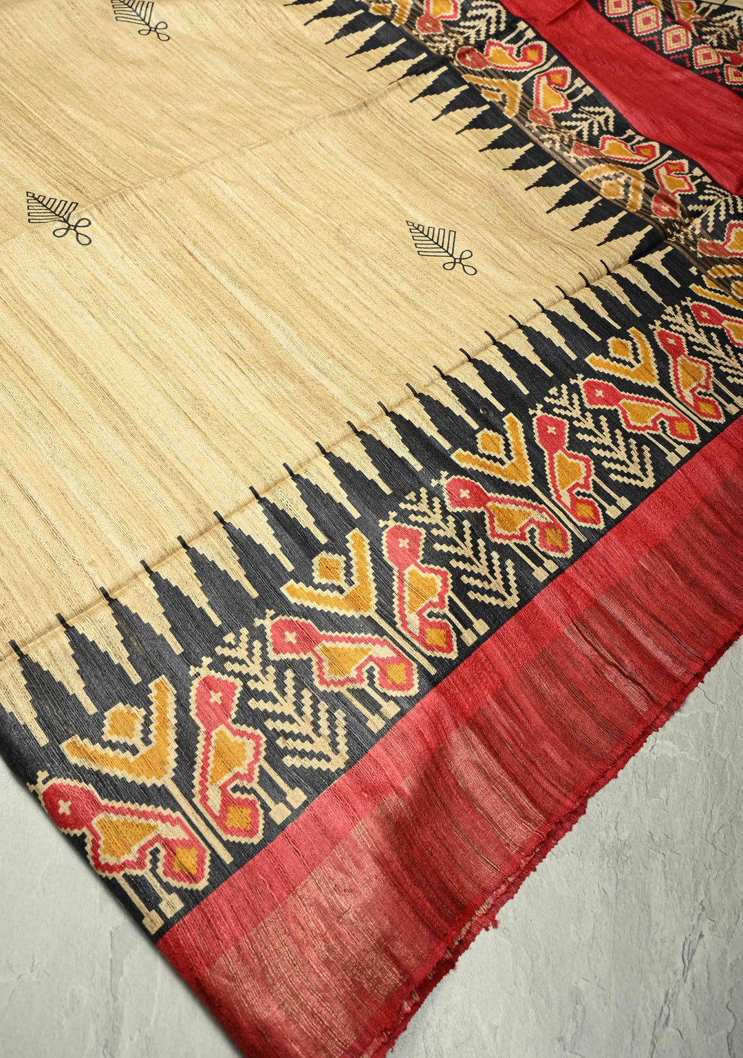 Beige Pure Tribal Tussar Silk Saree with Ikkat Print And Muted Zari Border | SILK MARK CERTIFIED