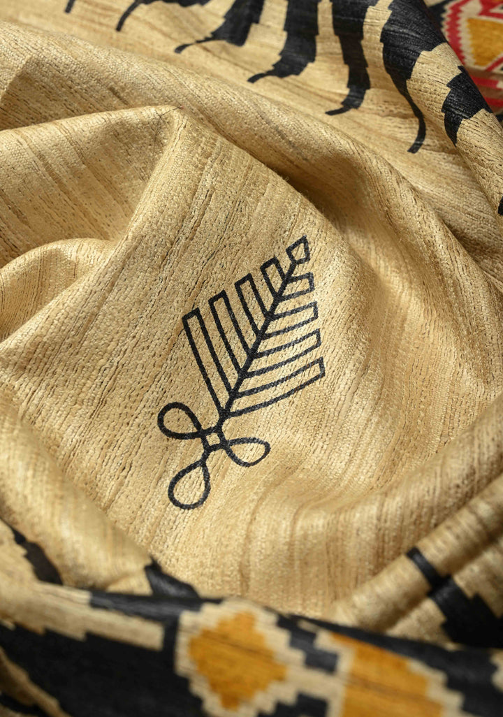 Beige Pure Tribal Tussar Silk Saree with Ikkat Print And Muted Zari Border | SILK MARK CERTIFIED