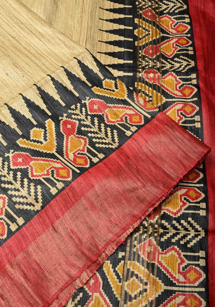 Beige Pure Tribal Tussar Silk Saree with Ikkat Print And Muted Zari Border | SILK MARK CERTIFIED