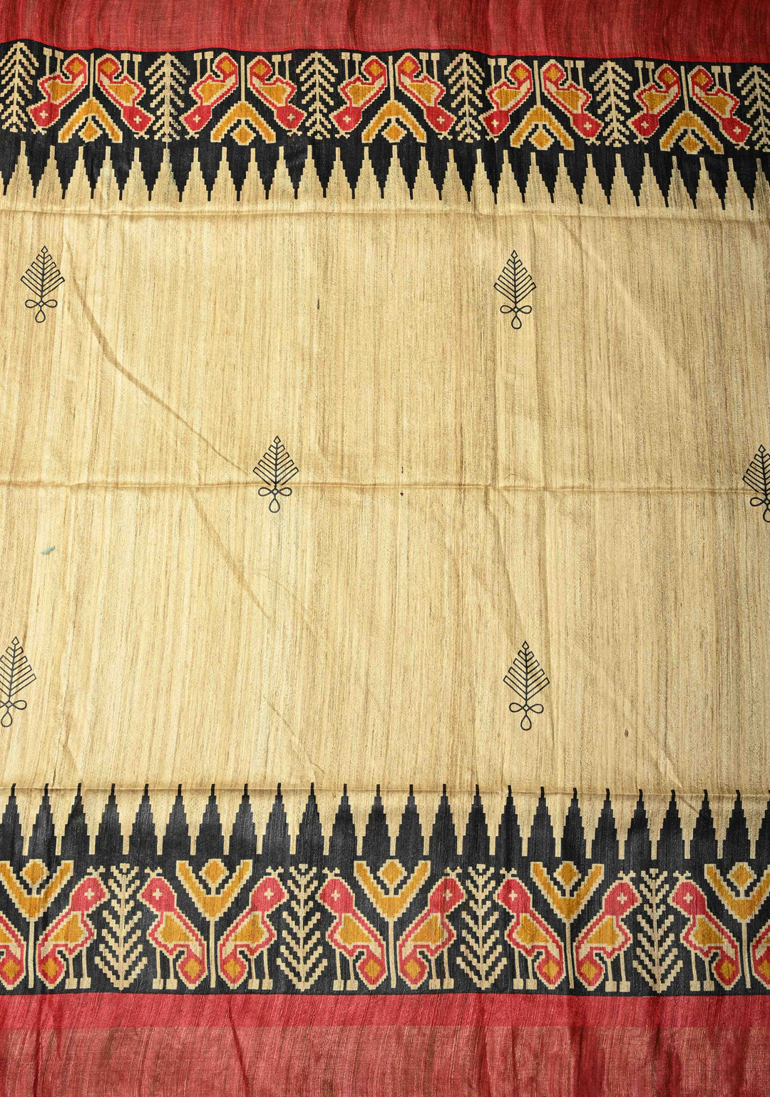 Beige Pure Tribal Tussar Silk Saree with Ikkat Print And Muted Zari Border | SILK MARK CERTIFIED