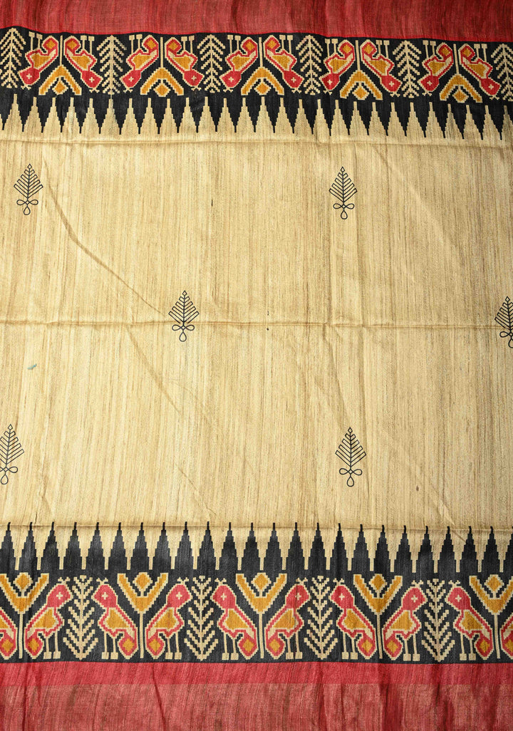 Beige Pure Tribal Tussar Silk Saree with Ikkat Print And Muted Zari Border | SILK MARK CERTIFIED