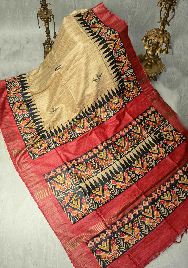 Beige Pure Tribal Tussar Silk Saree with Ikkat Print And Muted Zari Border | SILK MARK CERTIFIED