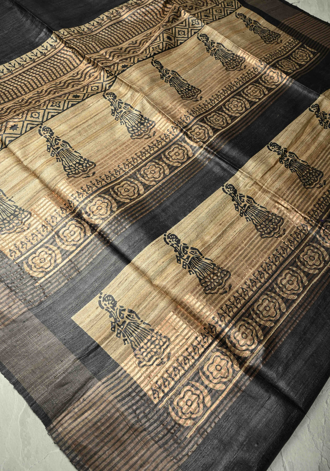 Black Authentic Hand Block Print on Tussar Silk Saree | SILK MARK CERTIFIED