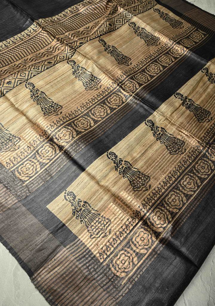Black Authentic Hand Block Print on Tussar Silk Saree | SILK MARK CERTIFIED