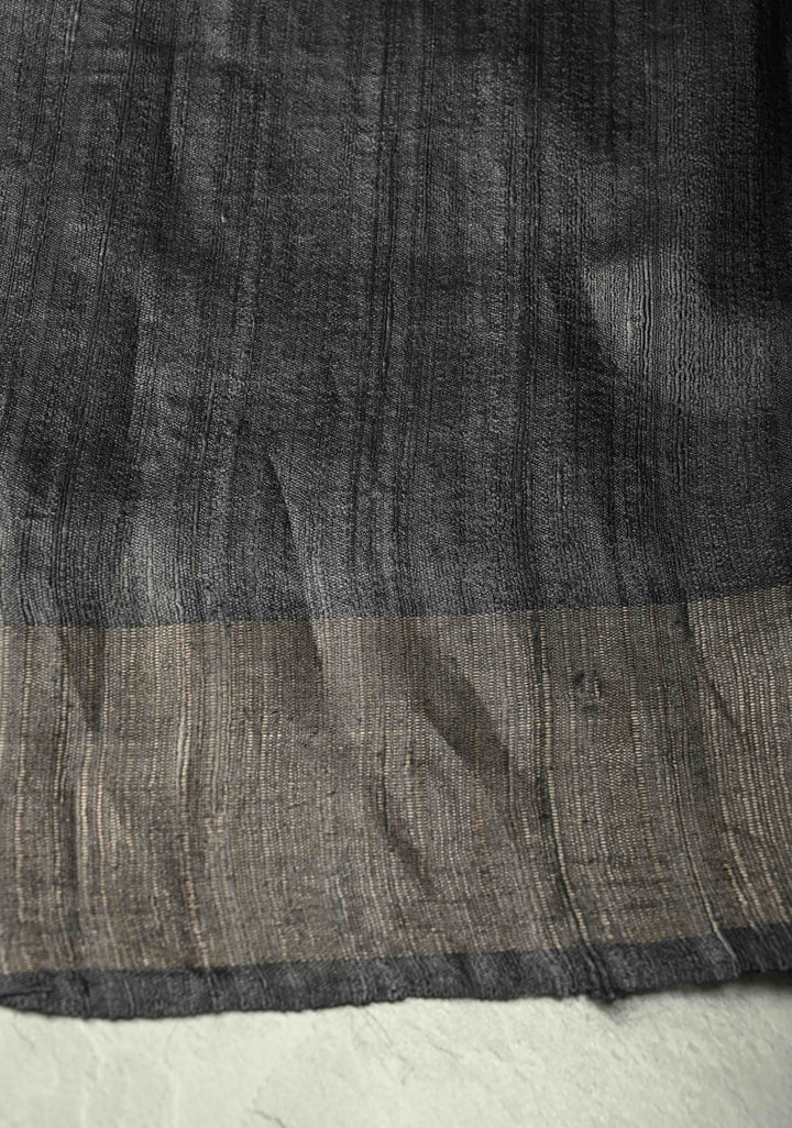 Black Authentic Hand Block Print on Tussar Silk Saree | SILK MARK CERTIFIED