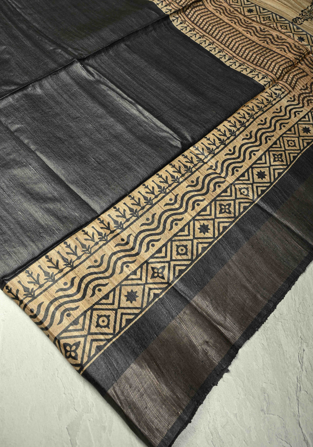 Black Authentic Hand Block Print on Tussar Silk Saree | SILK MARK CERTIFIED