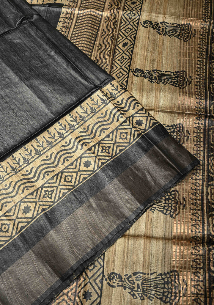 Black Authentic Hand Block Print on Tussar Silk Saree | SILK MARK CERTIFIED