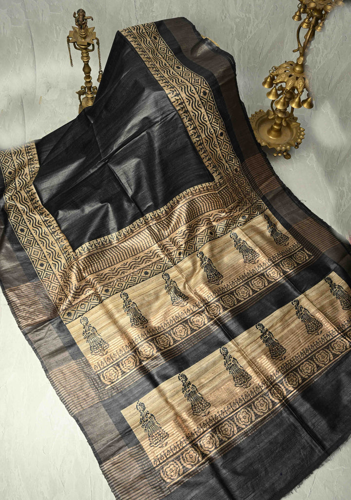 Black Authentic Hand Block Print on Tussar Silk Saree | SILK MARK CERTIFIED