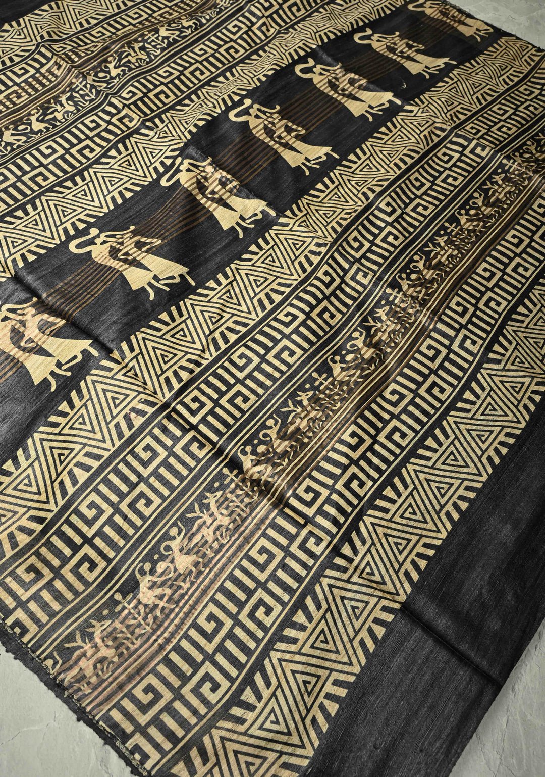 Charcoal Black Handloom Tribal Tussar Madhubani Katiya Saree With Hand Block Print | SILK MARK CERTIFIED