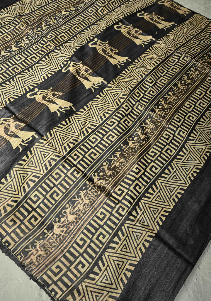 Charcoal Black Handloom Tribal Tussar Madhubani Katiya Saree With Hand Block Print | SILK MARK CERTIFIED