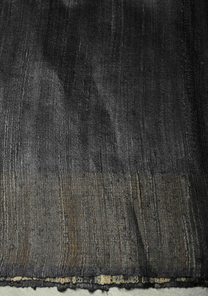 Charcoal Black Handloom Tribal Tussar Madhubani Katiya Saree With Hand Block Print | SILK MARK CERTIFIED