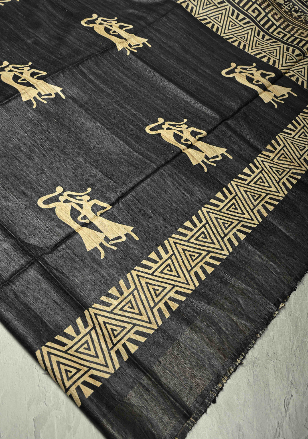 Charcoal Black Handloom Tribal Tussar Madhubani Katiya Saree With Hand Block Print | SILK MARK CERTIFIED