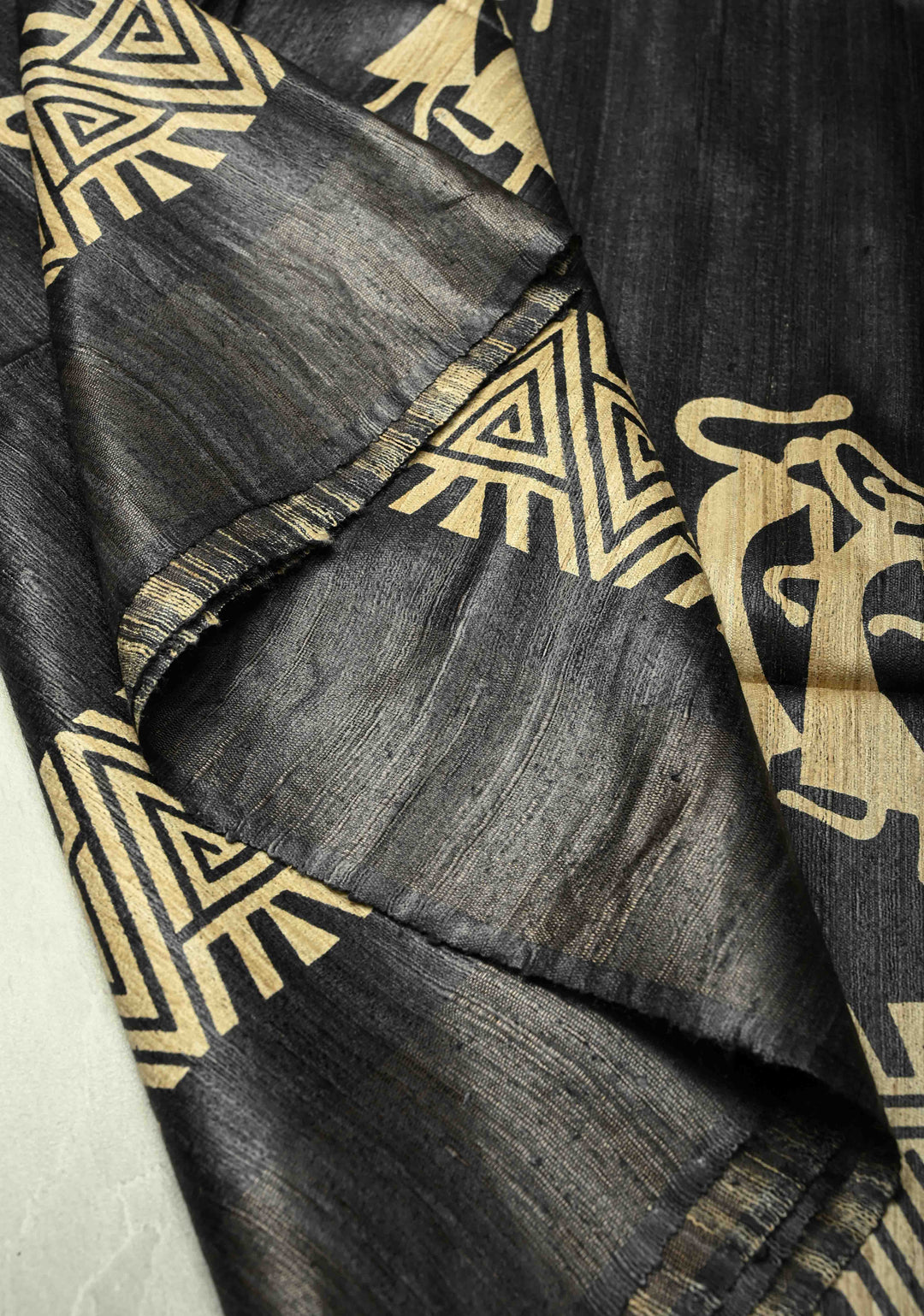 Charcoal Black Handloom Tribal Tussar Madhubani Katiya Saree With Hand Block Print | SILK MARK CERTIFIED